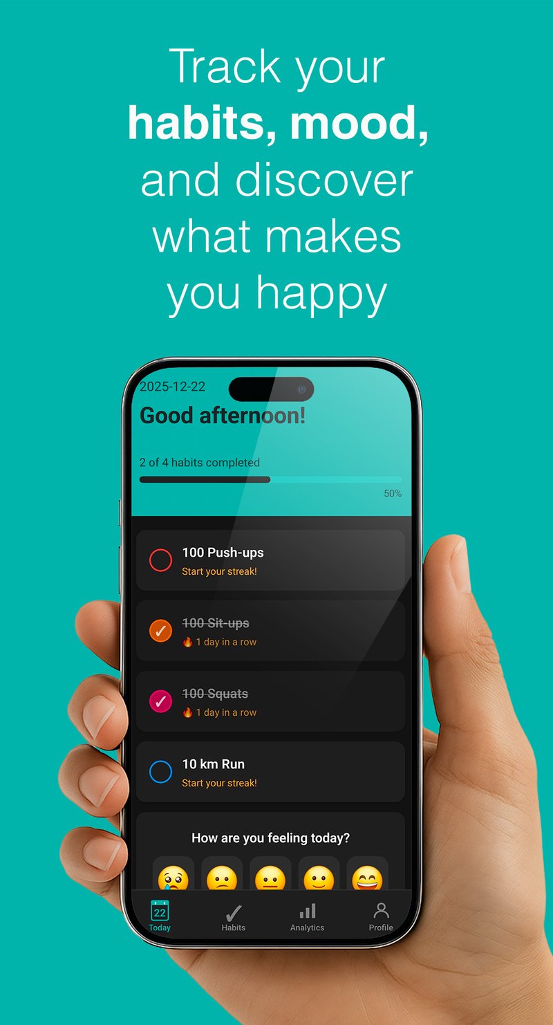 haBit app marketing hero screen showing track your habits mood and discover what makes you happy tagline with smartphone displaying habit tracking interface
