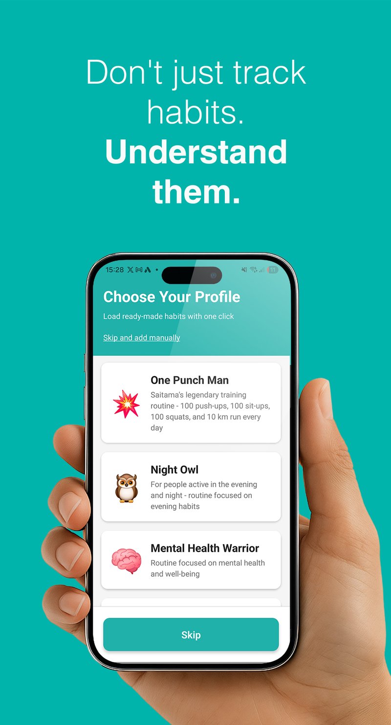 haBit profile selection screen with ready-made habit templates including One Punch Man training routine Night Owl evening habits and Mental Health Warrior wellness routines